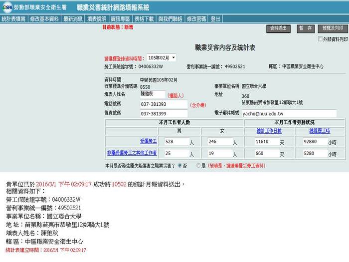 公告-本校職業災害統計月報表-105年2月份圖片