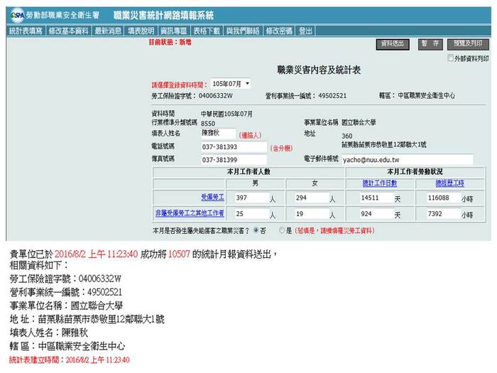 公告-本校職業災害統計月報表-105年7月份圖片
